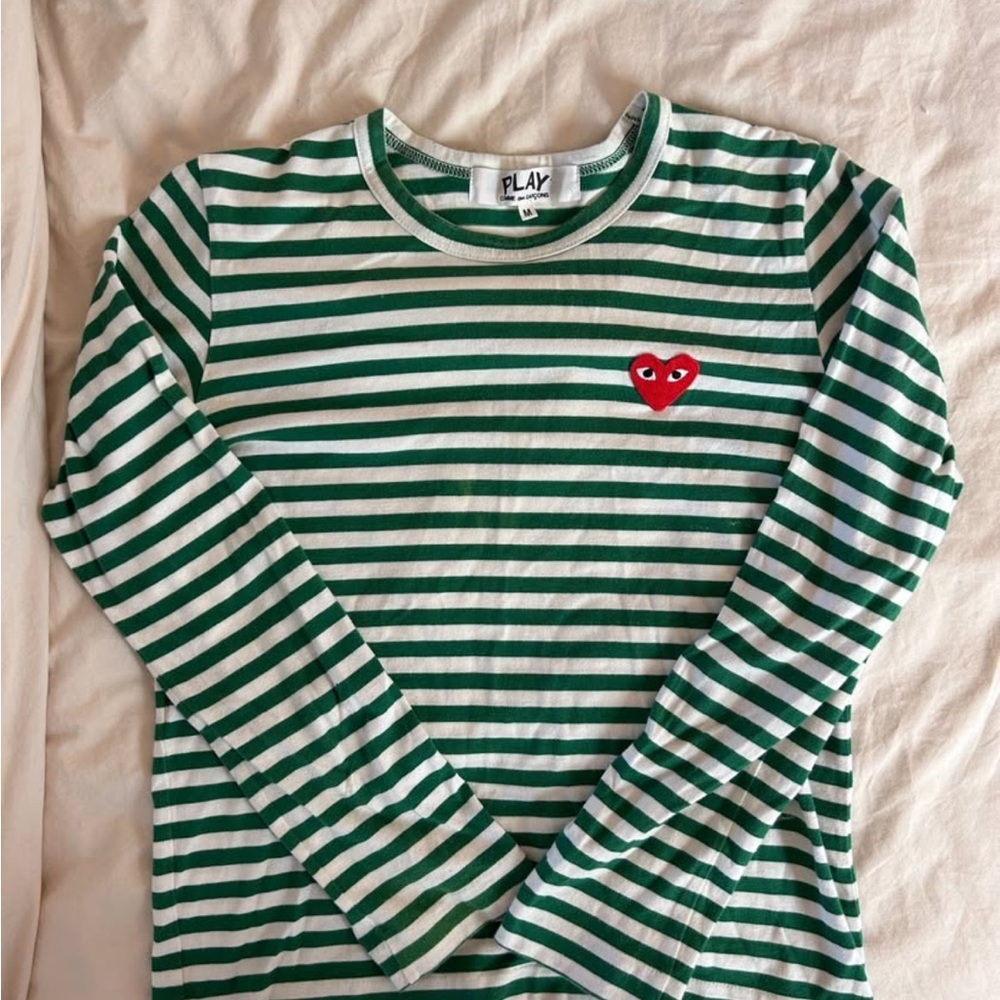 Comme des Garçons PLAY Green and White Striped Long-Sleeve Tee with Red Heart